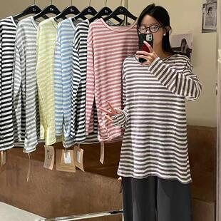 宽松大码 大7女78019春季 新款 韩版 条纹T恤 胖mm休闲慵懒风撞色长袖