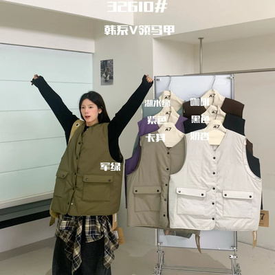 胖mm慵懒松弛百搭V领工装棉马甲