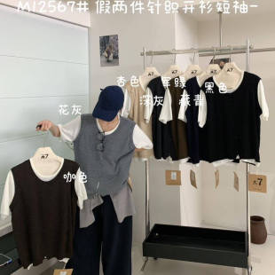 宽松大码 韩版 胖mm休闲慵懒风针织拼接假两件上衣 12567秋季 大7女装