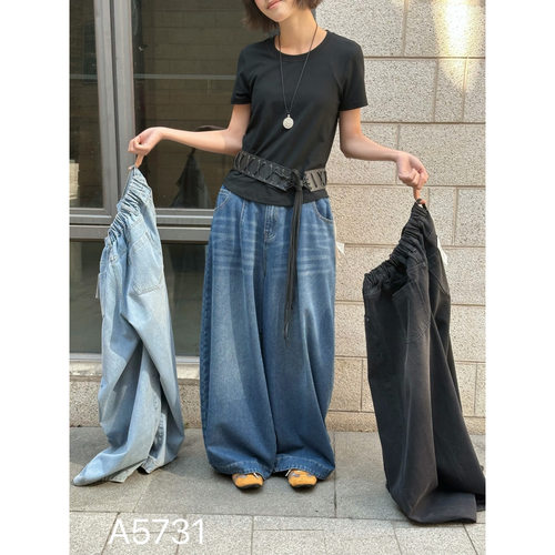 胖mm慵懒休闲风高腰阔腿牛仔长裤