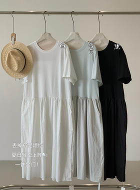 几布见川 826163夏季韩版宽松大码胖mm慵懒松弛短袖拼接连衣长裙