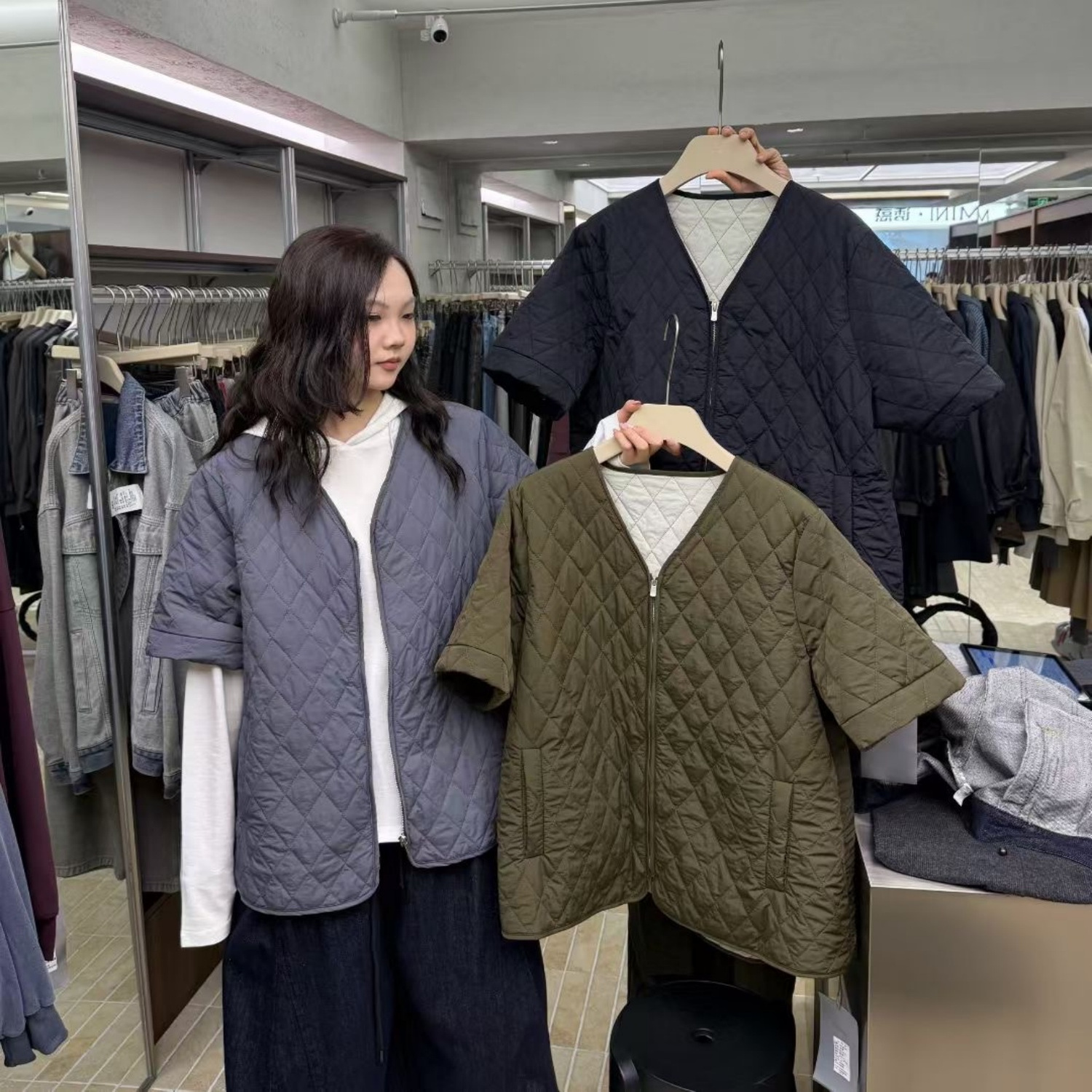 大码胖mm叠穿短袖棉服马甲外套女
