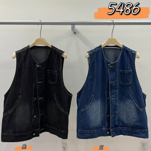 宽松大码 韩版 胖mm休闲百搭复古慵懒风叠穿牛仔马甲 5486秋季 WE女装