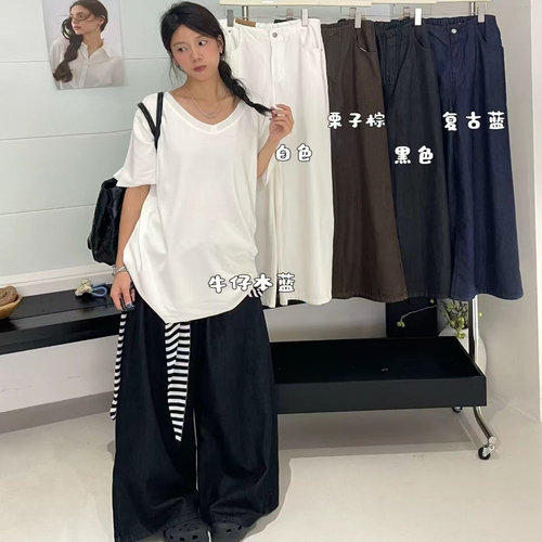 胖mm慵懒松弛风高腰牛仔阔腿长裤