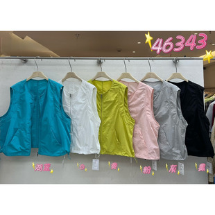 We女46343夏季韩版宽松大码胖mm慵懒休闲风简约抽绳拉链马甲上衣