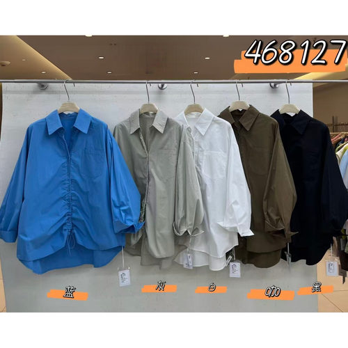 胖mm慵懒休闲风抽绳设计长袖衬衫