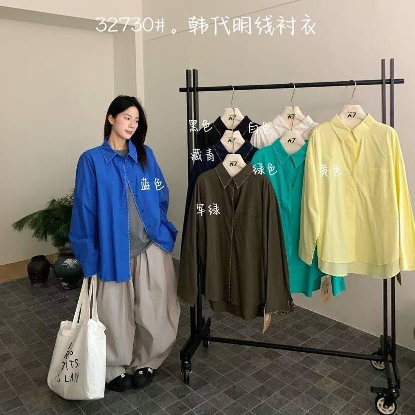大7女32730春季新款韩版宽松大码胖mm休闲慵懒风明线长袖衬衫上衣