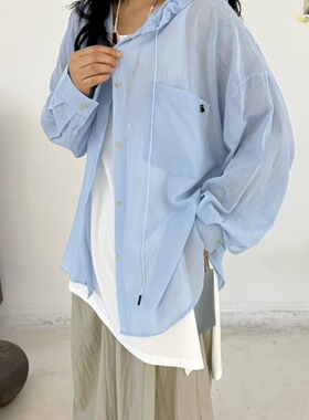 becabeau女装26995夏季韩版宽松大码胖mm慵懒风薄款连帽防晒衬衫