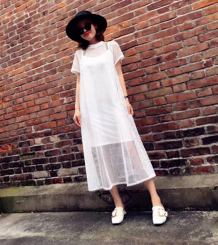 实体店女装moxi莫西2018夏新款韩网纱长裙2件套短袖连衣裙长裙