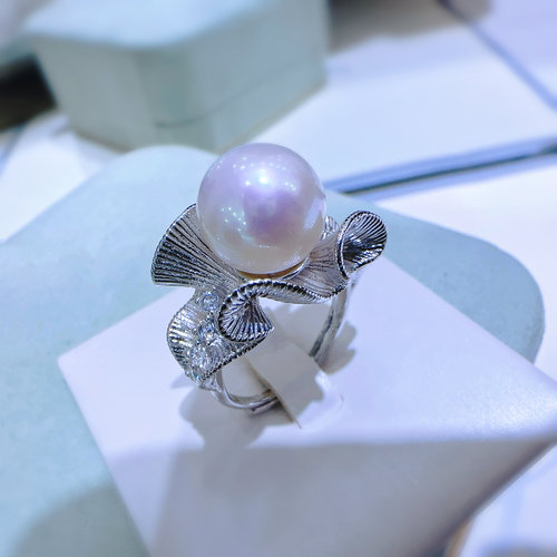 轻奢正圆天然淡水珍珠戒指赛澳白 精工厚版S925纯银拉丝 指环女