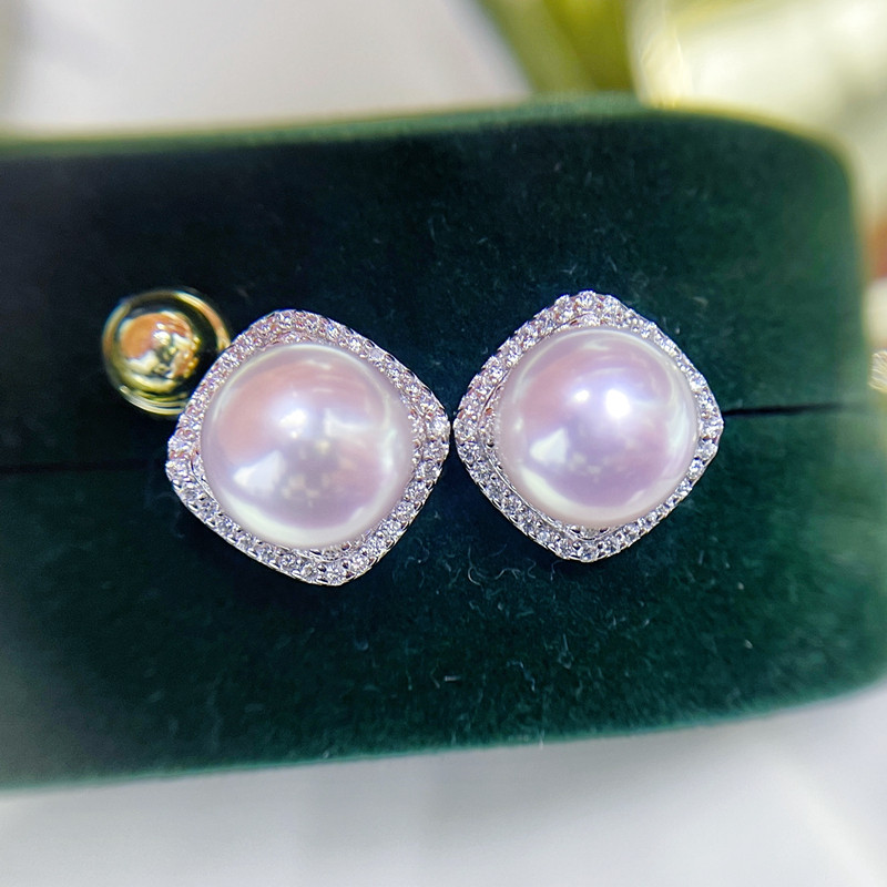 白透粉满钻方形淡水珍珠耳钉纯银