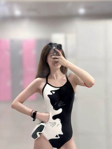 VANLIGA 2025新款连体泳衣女黑白猫性感露背绑带竞速泳装游泳衣