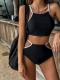 Vanliga分体高腰泳衣女黑色遮肚显瘦温泉海边度假沙滩比基尼性感