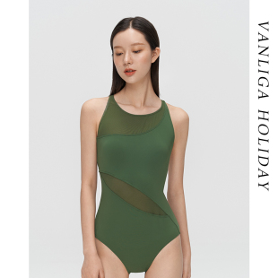 Vanliga性感欧美风无袖连体泳衣U型交叉露背修身显瘦度假泳装温泉