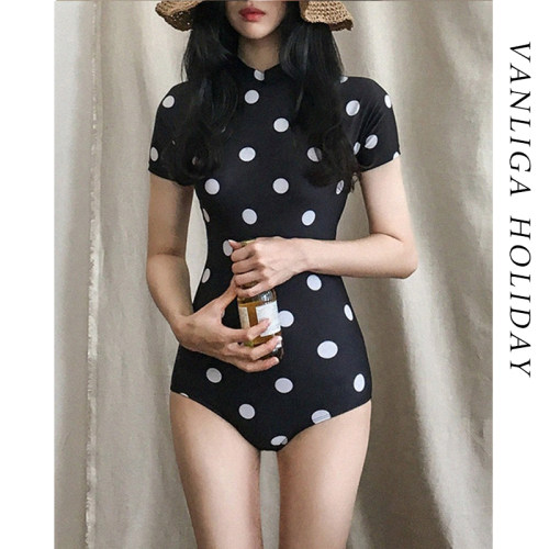 温泉复古波点少女女短袖连体泳衣