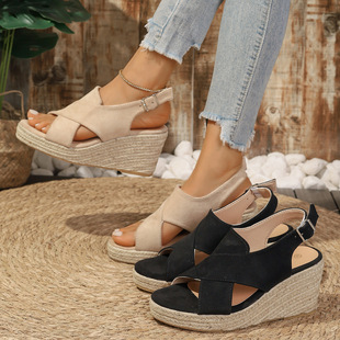 厚底罗马凉鞋 Wedge 欧美麻绳底坡跟大码 sandals夏季 女 espadrille
