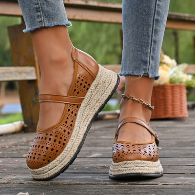 Espadrilles圆头镂空坡跟渔夫鞋