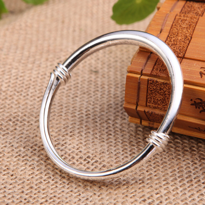 传承手工银手镯999足银推圈调节大小简约圆肚光面银饰品刻字宝宝