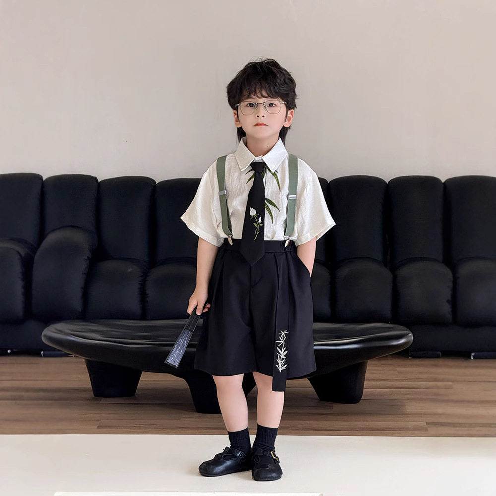男童白衬衫背带短裤套装夏季时尚学院风潮童生日礼服六一演出服