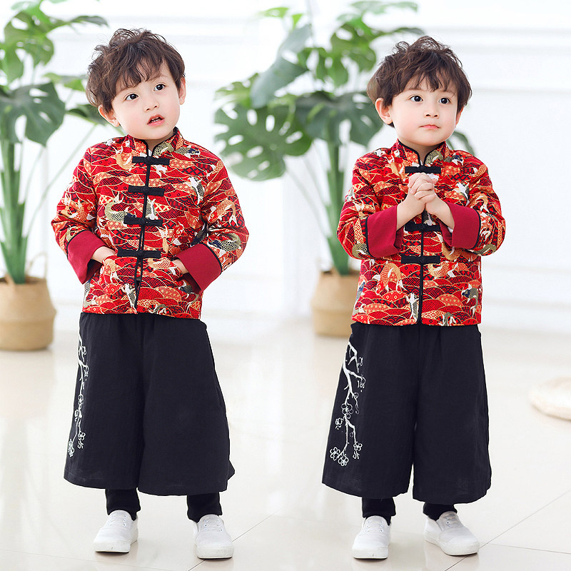 男童中式唐装拜年服过年服外套薄棉衣中国风舞台表演新年装棉袄