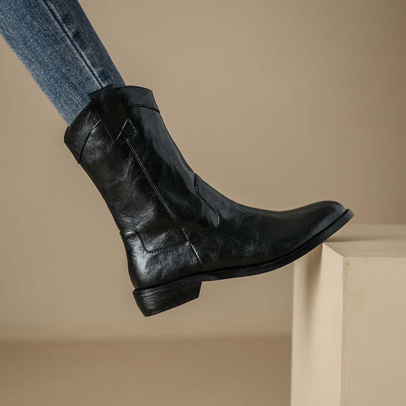 粗跟西部牛仔靴真皮靴子女秋冬套筒平底短靴中筒马丁靴大尺码41一