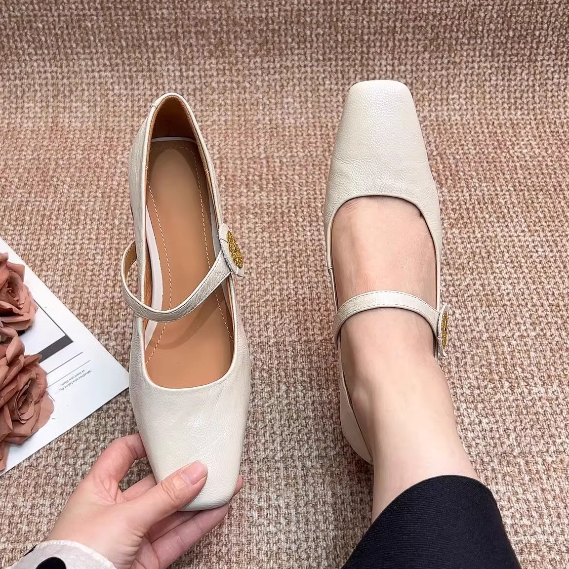 法式覆古方头一字带玛丽珍鞋女早春款优雅气质高跟鞋羊皮粗跟单鞋