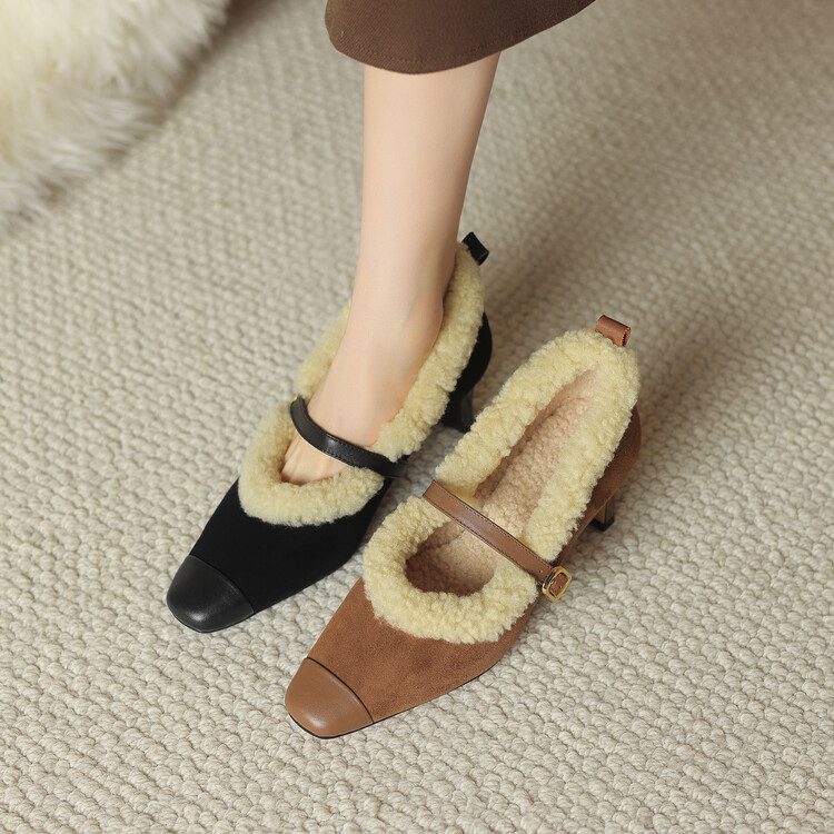 法式覆古羊羔毛玛丽珍小皮鞋女2025冬季高跟鞋方头加绒粗跟单鞋子