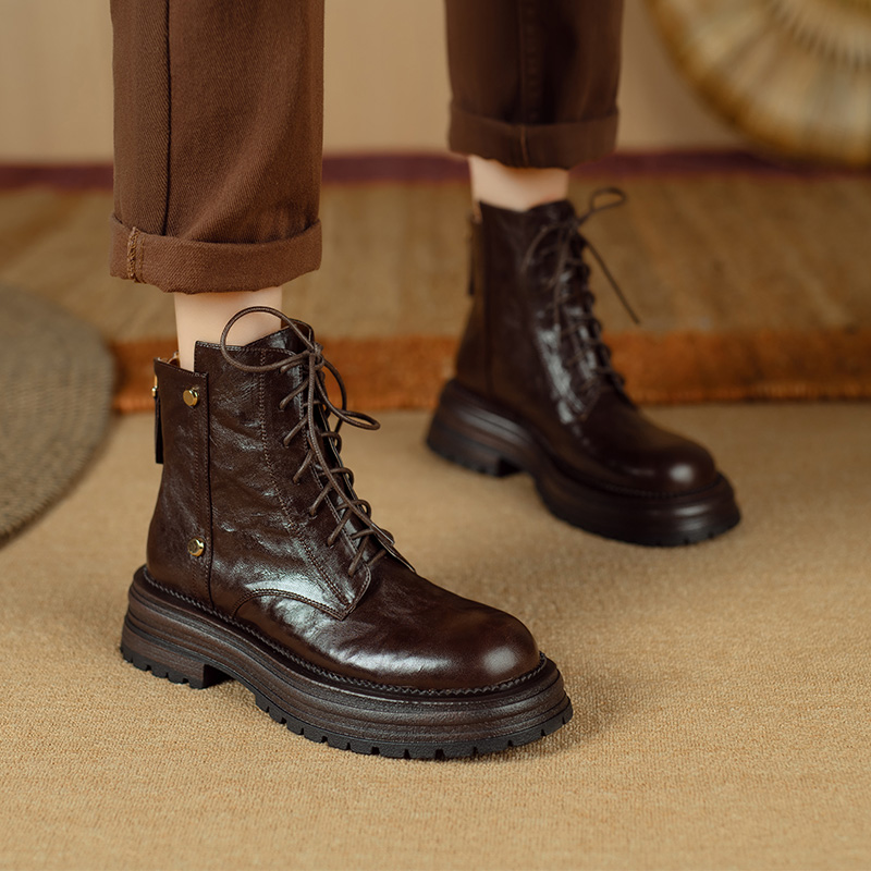 头层羊皮覆古系带马丁靴女秋冬英伦风棕色厚底短靴美拉德靴子大尺