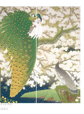 新中式风有框组合油画布孔雀开屏