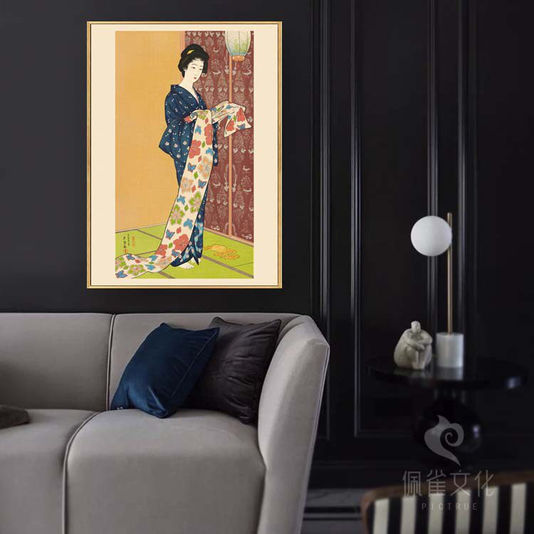 日式装饰挂画桥口五叶美女仕女图日本料理餐厅酒店背景有框油画布