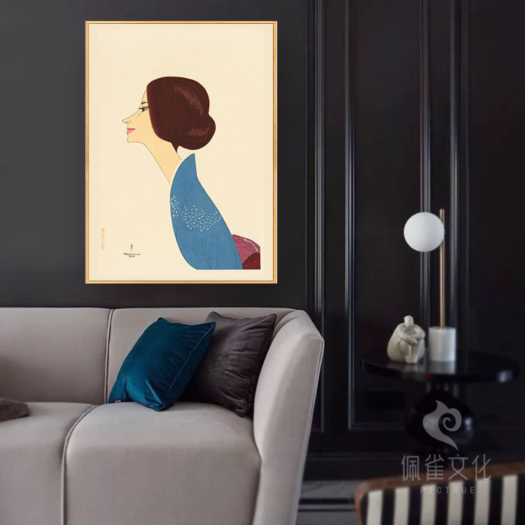 日式装饰挂画仕女图高沢圭一简约客厅酒店玄关背景墙有框油画布