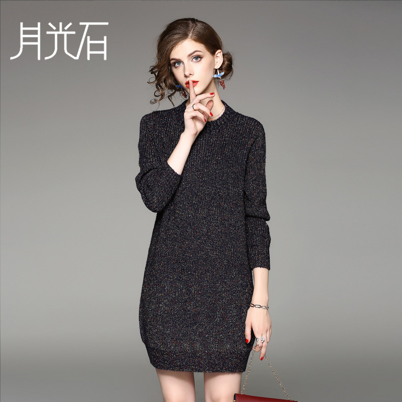 月光石女秋季女装新款圆领长袖保暖打底羊毛针织连衣裙AL8546