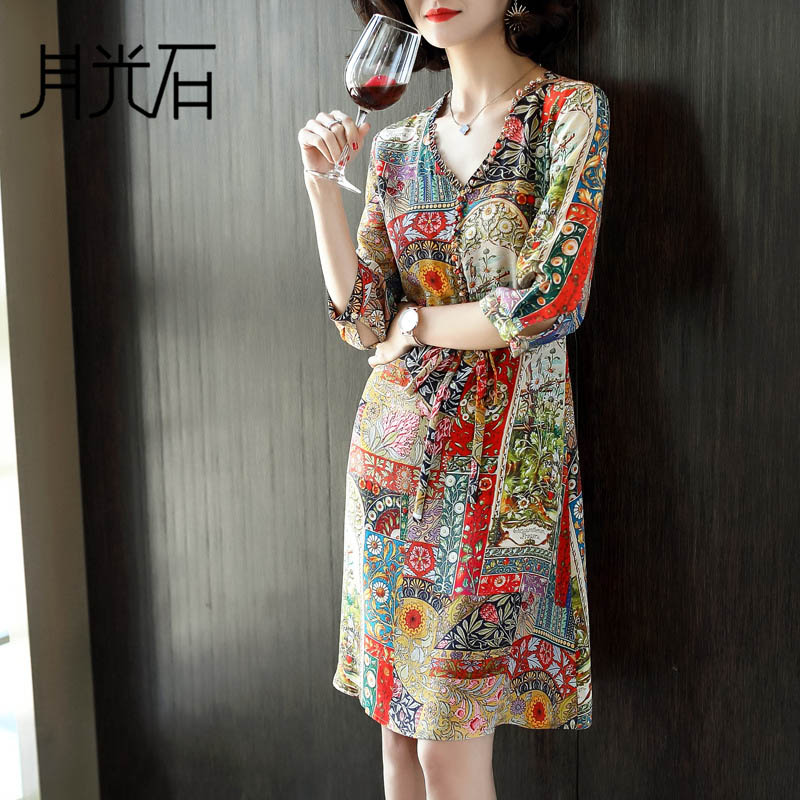 月光石女装印花真丝连衣裙V领七分袖桑蚕丝A字裙ZR6208