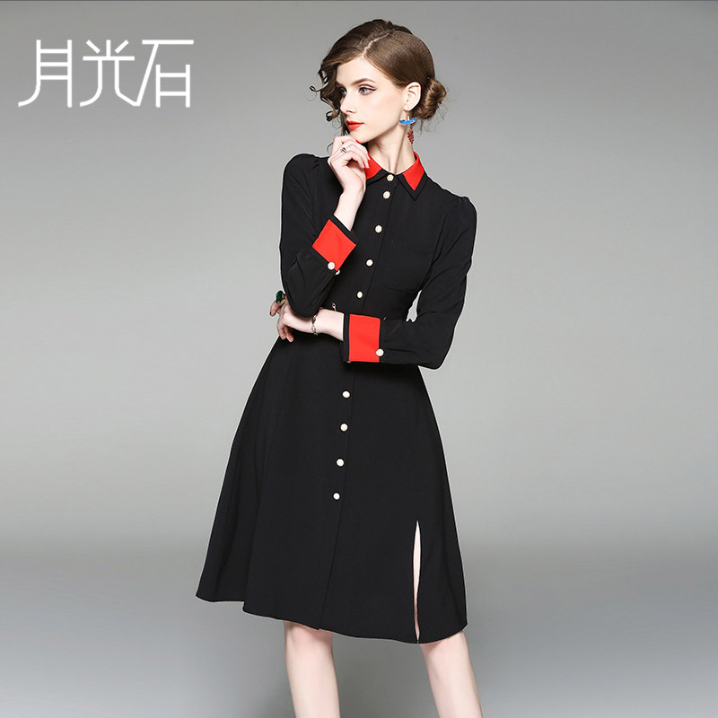 月光石女秋季翻领长袖纯色拼接单排扣连衣裙中长裙AL8337