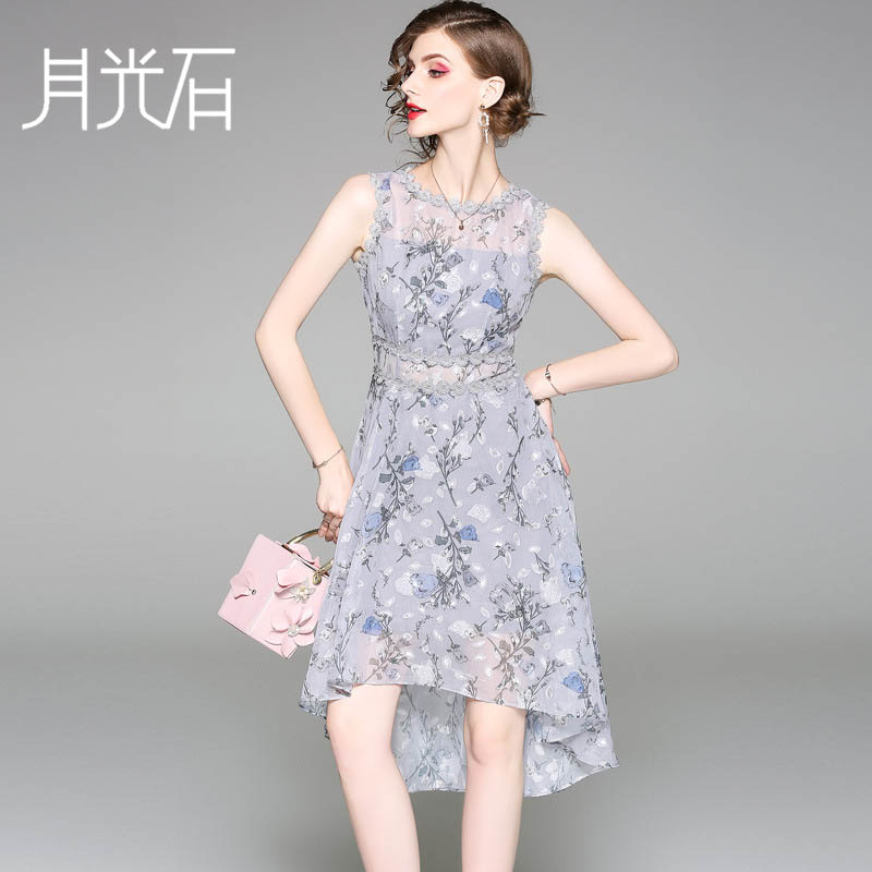 月光石女装新款圆领印花拼接无袖收腰雪纺连衣裙AL8826