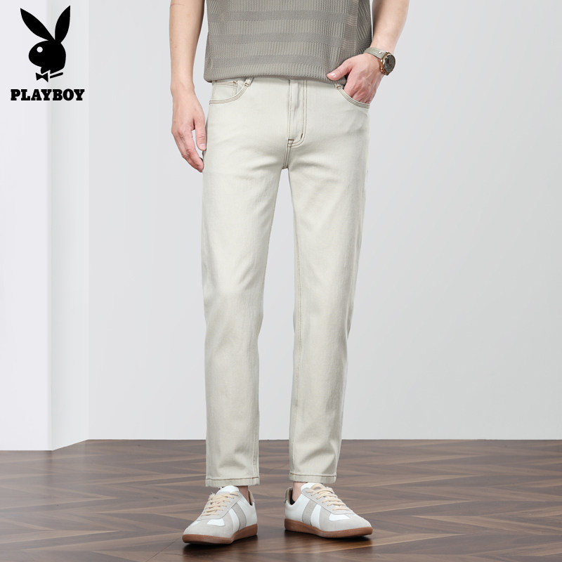 PLAYBOY纯色休闲牛仔裤男士修身直筒小个子天丝夏季薄款九分裤男