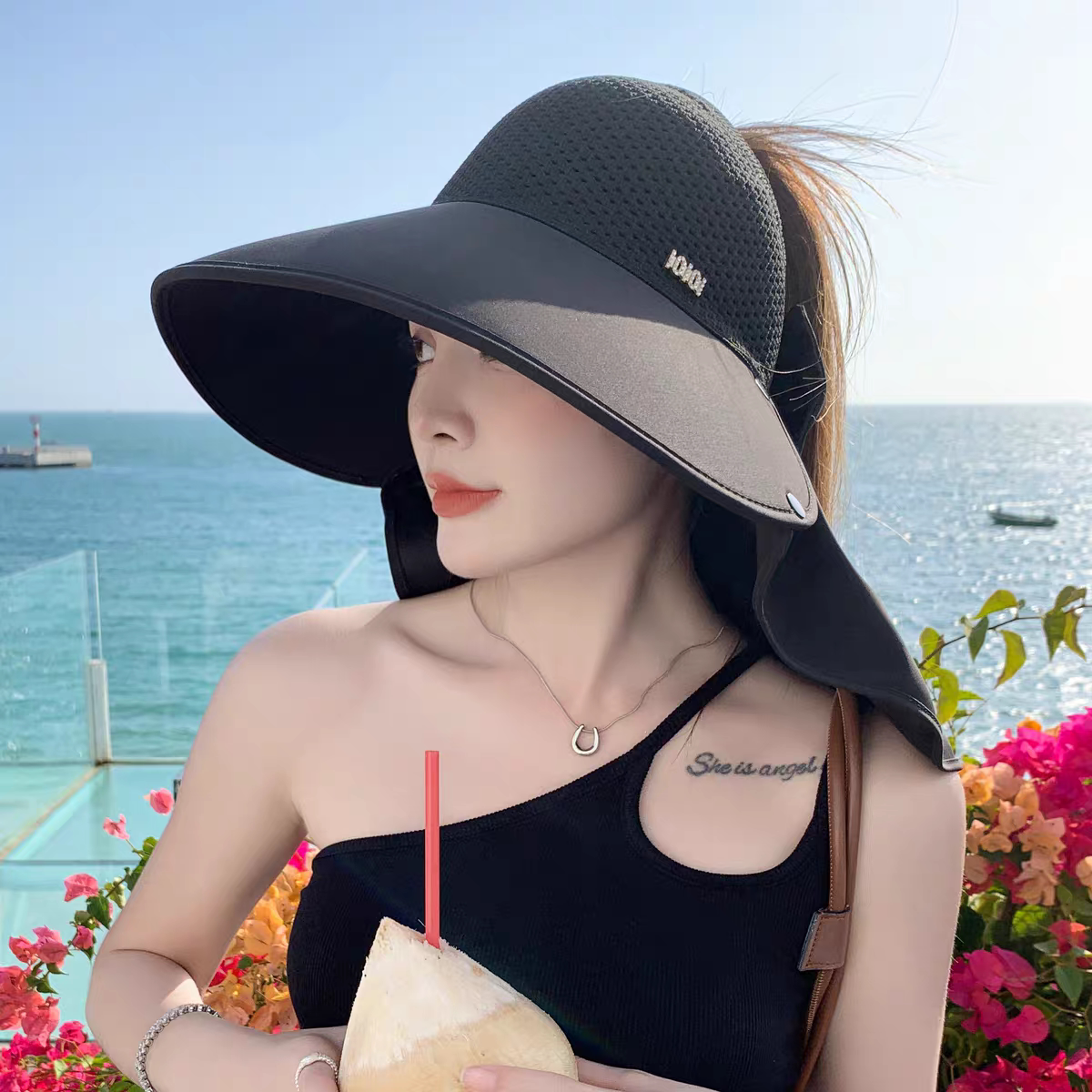 夏季遮阳帽女防晒防紫外线遮脸护脖户外骑车登山大檐空顶渔夫帽子