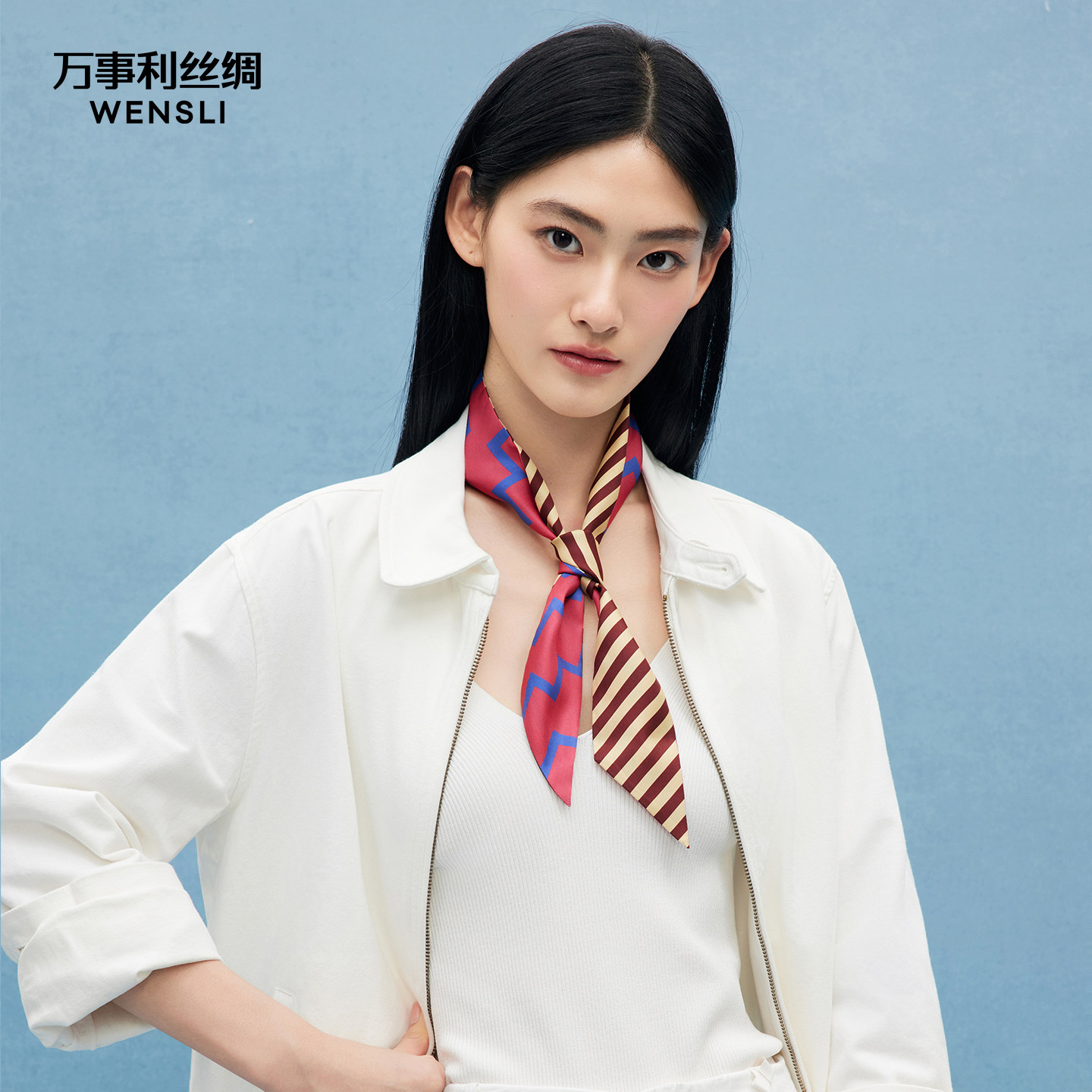 万事利春夏新款100%桑蚕丝真丝丝巾飘带绑包带时尚百搭斜巾几何诗