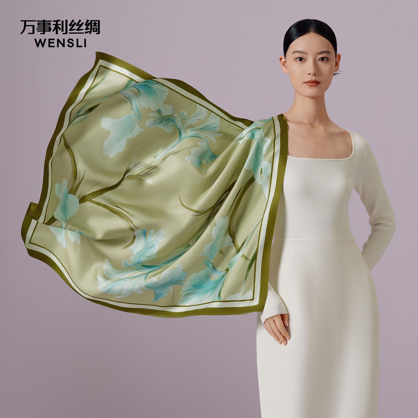 万事利新品100%桑蚕丝送礼礼物真丝丝巾女双面同色大方巾-鸢尾赋