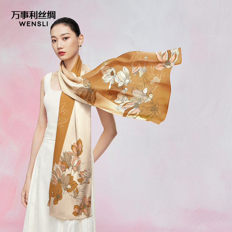 万事利真丝丝巾女桑蚕丝长巾披肩外搭仿刺绣缎面女友闺蜜生日礼物