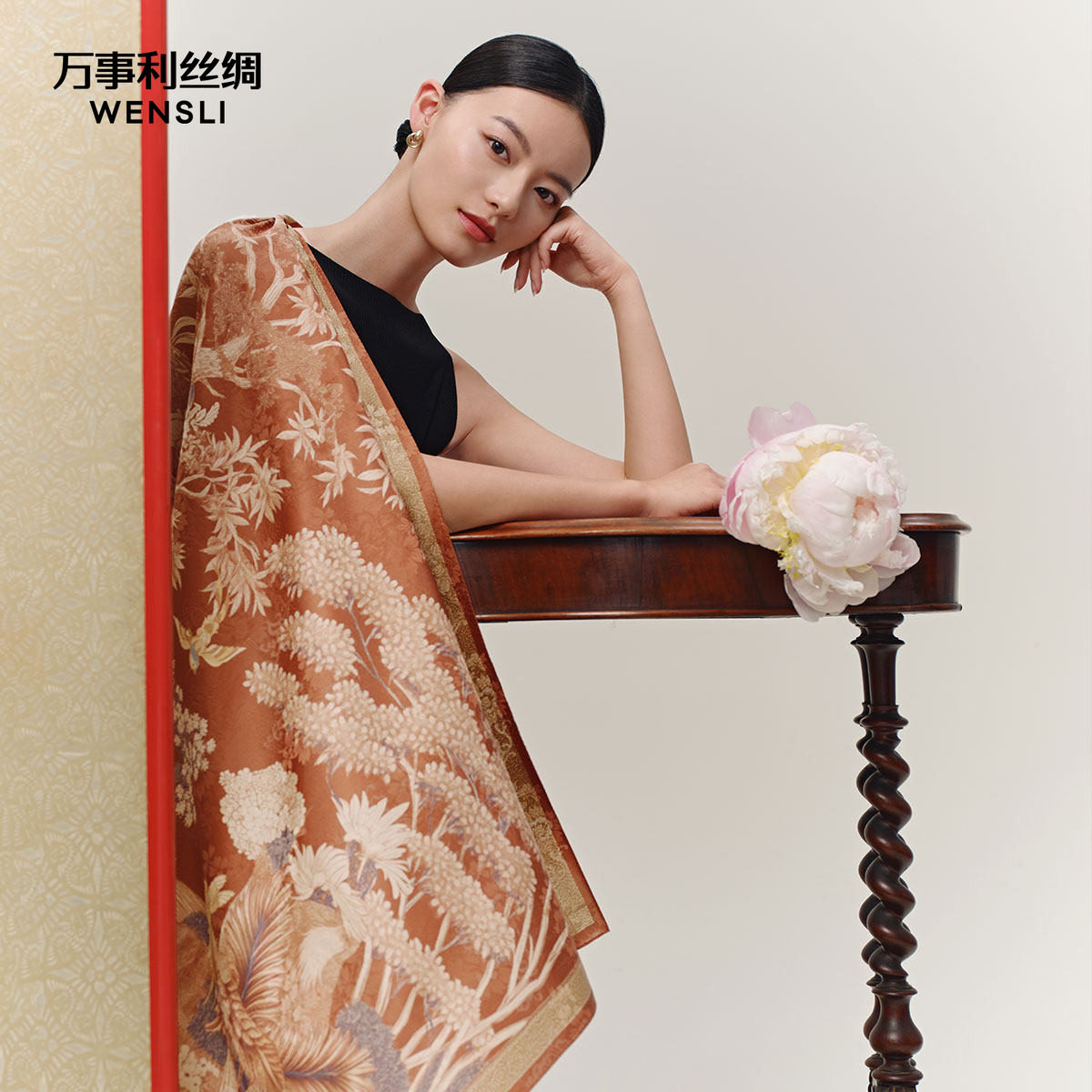 万事利新款100%桑蚕丝真丝丝巾重磅牡丹提花披肩礼物大方巾林南辞