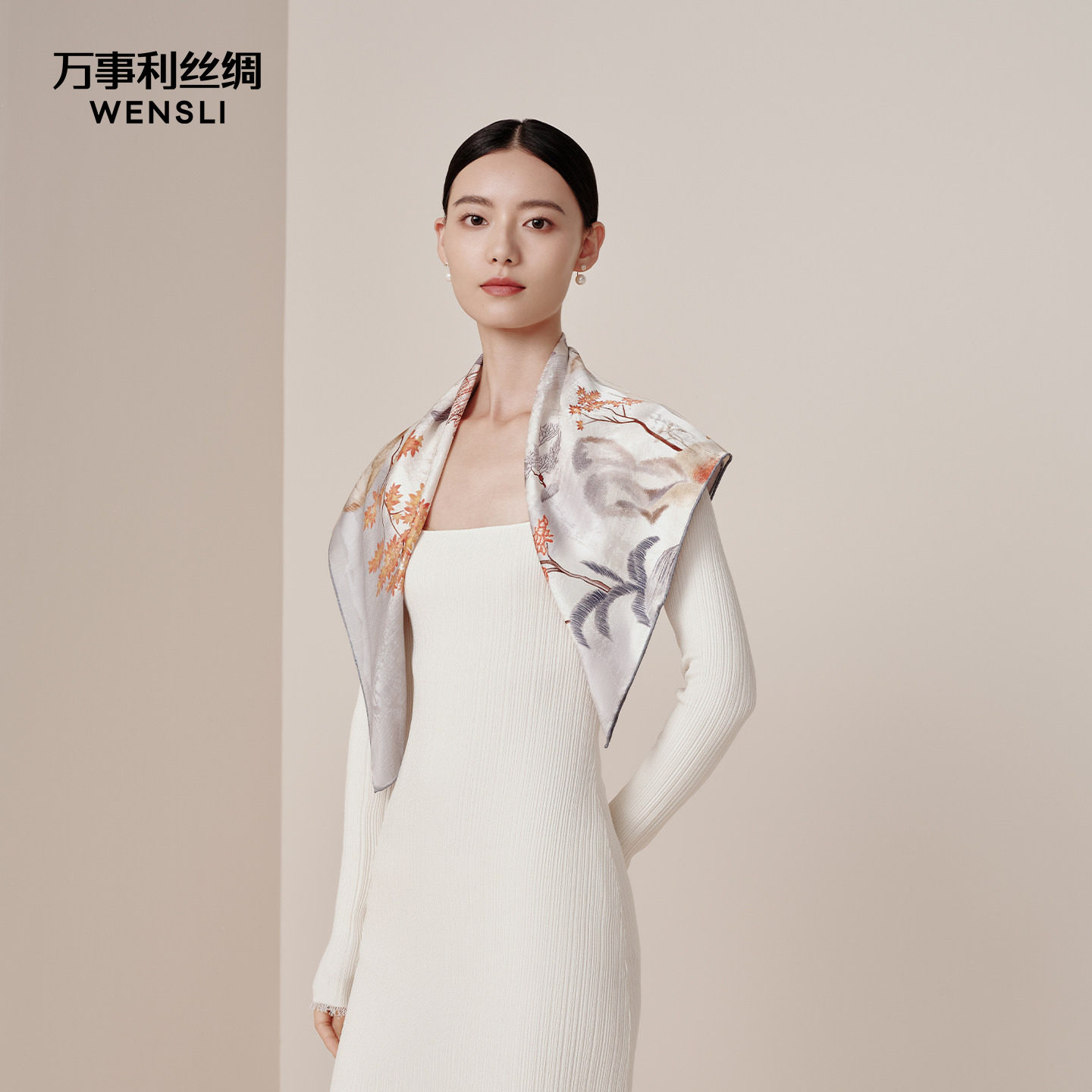 万事利重磅19姆米真丝丝巾女提花手工卷边工艺桑蚕丝中方巾杭城韵