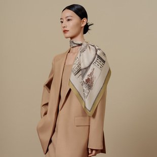 萬事利新品 100%桑蠶絲真絲絲巾女送禮禮品雙面印花中方巾杭城繪夢