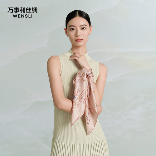 万事利桑蚕丝真丝丝巾礼盒手卷中方巾长条巾斜巾头巾绑包带莺初语