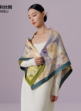 万事利真丝丝巾礼盒桑蚕丝105cm超大方巾手卷丝绸披肩-青烟凝紫