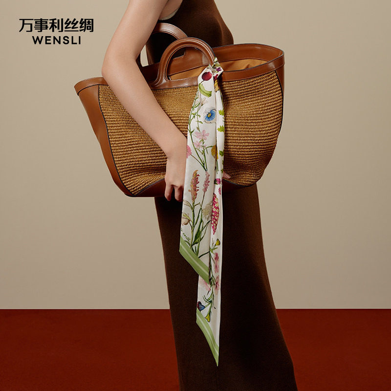 万事利新品100%桑蚕丝真丝丝巾女小斜巾飘带发带腰带女长条巾丝带