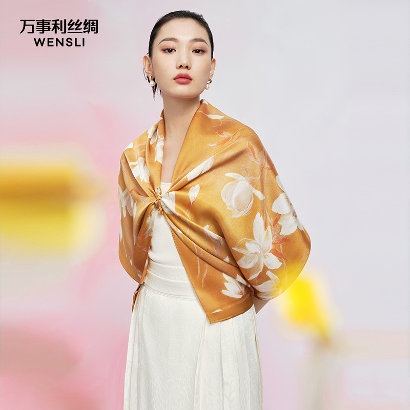 万事利油画风真丝丝巾双面同色长巾妈妈礼物披肩礼盒包装胭脂染