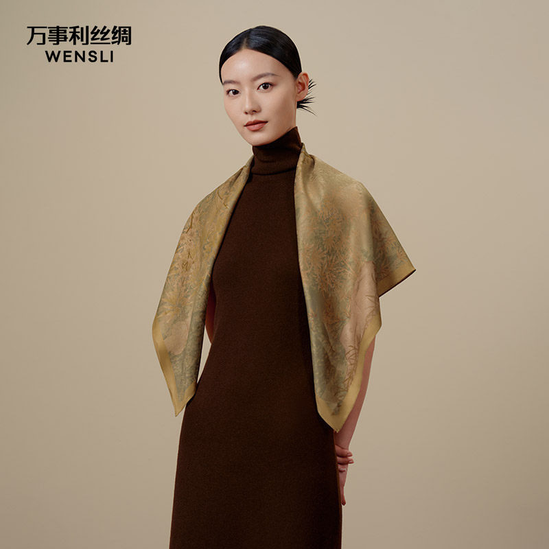 万事利19姆米重磅提花真丝丝巾女妈妈薯莨桑蚕丝大方巾披肩雀枝锦