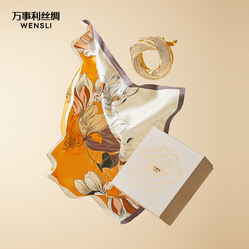 万事利丝巾扣礼盒75cm真丝方巾丝巾送妈妈送友生日闺蜜礼物玉兰赋
