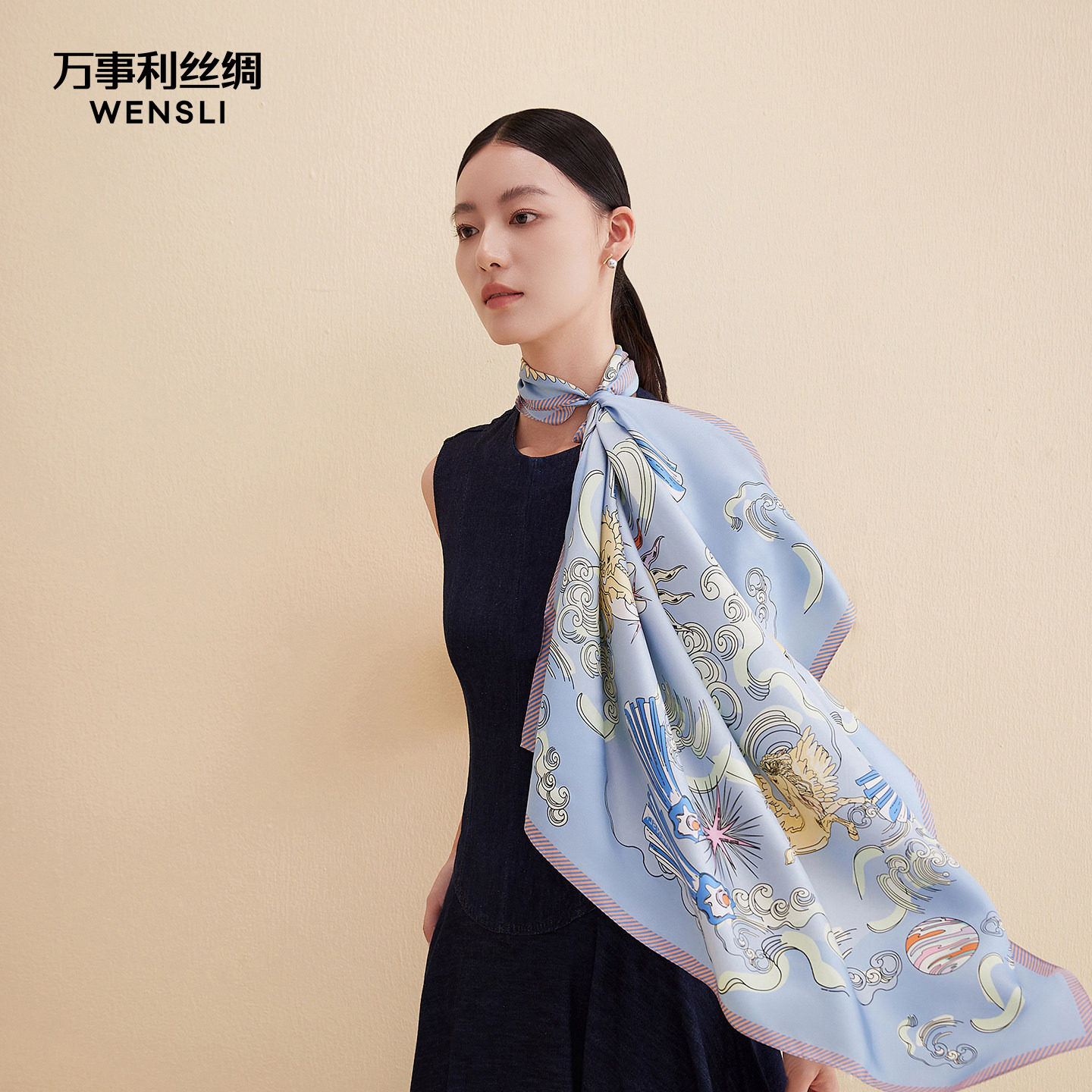 万事利100%桑蚕丝卷边丝巾披肩女手绘涂鸦大方巾生日礼物星光灿烂